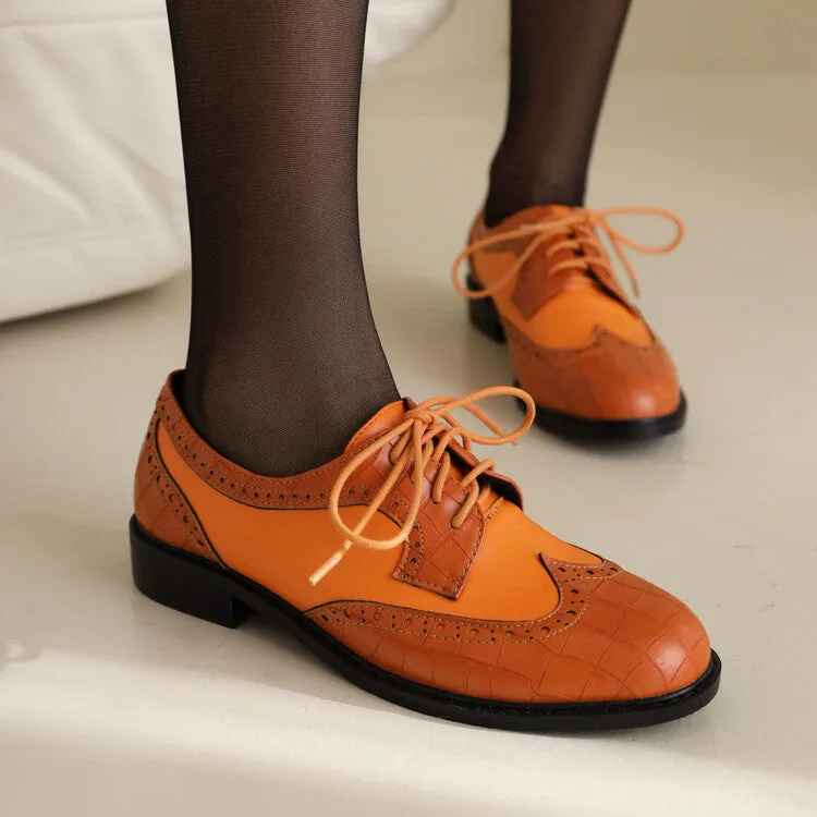 Women's Bicolor Lace-Up Round Toe Flats Oxford Shoes