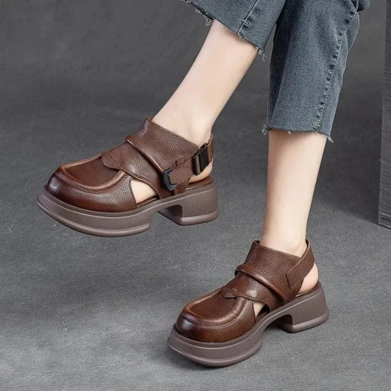 Women's Casual Shoes GC228: Leather Platform Wedge Flat Sandals