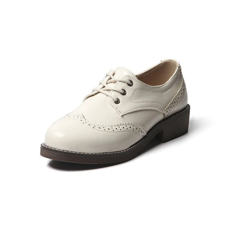 Women's Glossy Round Toe Lace-Up Stitch Oxford Shoes