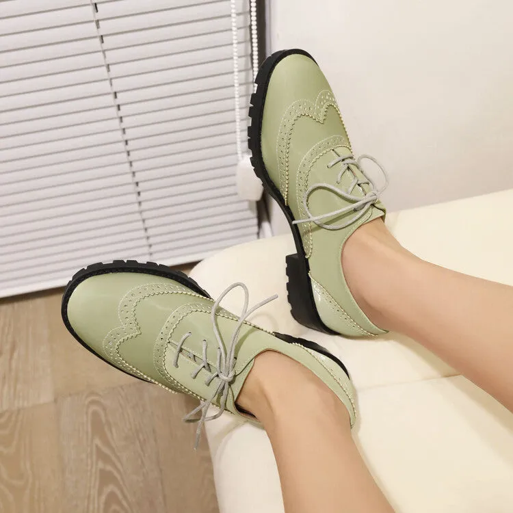 Women's Round Toe Carved Lace-Up Flat Oxford Shoes